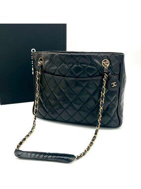 Chanel Quilted Tote Chain Black Lambskin CC Logo